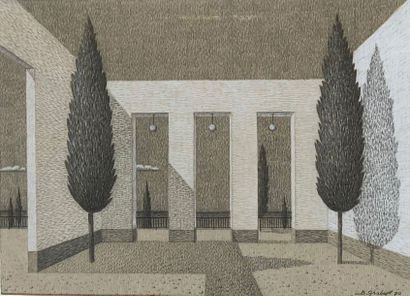 GHOBERT (Bernard). "Maison ouverte et arbres" (1970). Dessin au crayon et pastel,...