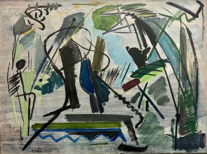 MILO (Jean). "Composition" (1957). Huile sur toile, datée et signée au coin infér....