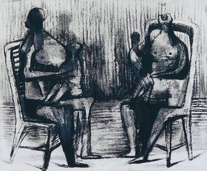 MOORE (Henry). "Two Seated Figures with Children" (1976). Lithographie en noir, just....