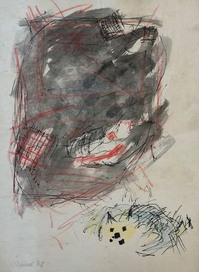 RAVEEL (Roger). "Abstraction" (1958). Encre et pastel sur papier cartonné, daté et...