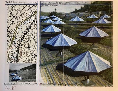 CHRISTO. "The Umbrellas. Joint Project for Japan and USA" (1989). Planche en quadrichromie,...