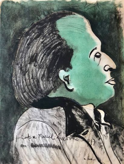 BAES (Rachel). "Portrait de Marcel Lecomte" (1947). Pastel, fusain et aquarelle,...