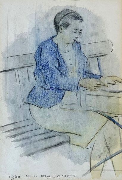 BAUGNIET (Marcel-Louis). "Portrait" (1940). Aquarelle et pastel sur papier, double...