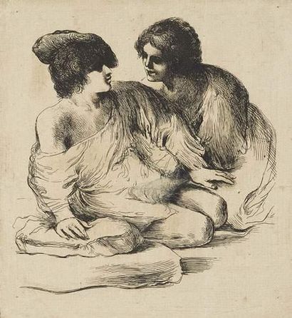 Giovanni Francesco Barbieri dit il GUERCINO (1591-1666) Couple accroupi. Eau forte...