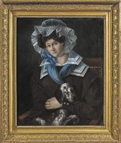 null Alfred JOHANNOT (1800-1837) attribué à
Jeune femme élégante tenant son chien...