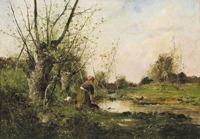  Étienne Maxime VALLÉE (act.1873-1881) Femme lavant son linge à la rivière. Huile...
