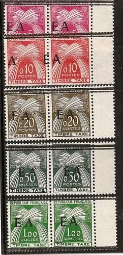 null ALGERIE : Surcharge EA timbres de France ainsi que TAXE. N° 54 à 58 (x2) dont...