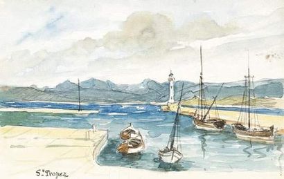 null G.LEX. actif vers 1935.
Le port de Saint Tropez.
Aquarelle.
11,7 x 18,4 cm.