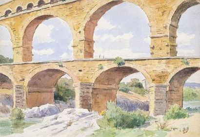 null Lina BILL (Gruissan 1855-Avignon 1936)
Le pont du Gard.
Aquarelle.
Signée en...