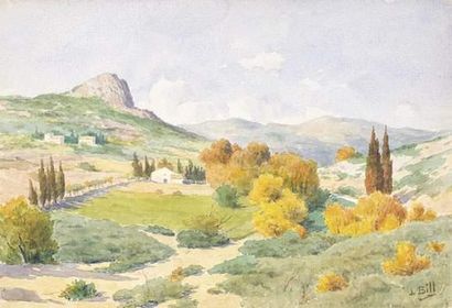 null G.LEX. actif vers 1935.
L'automne en Provence.
Aquarelle.
13,9 x 21,8 cm.