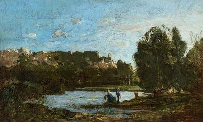 null Paul GUIGOU (1834-1871).
Paysage à la rivière avec un village perché.
Huile...