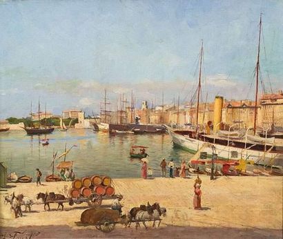null Joseph FAUST (1868-1934).
Le port de Marseille, vue du quai du port.
Huile sur...