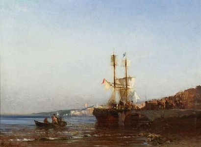 null André MAGLIONE (1838-1923).
Pêcheurs ramenant leurs filets dans un port méditerranéen.
Huile...