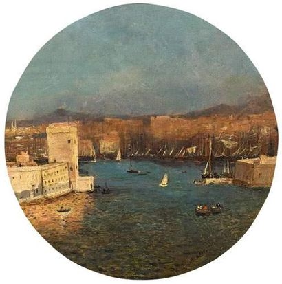 null Jean Baptiste OLIVE (1848-1936).
L'entrée du port de Marseille.
Huile sur panneau.
Signée...