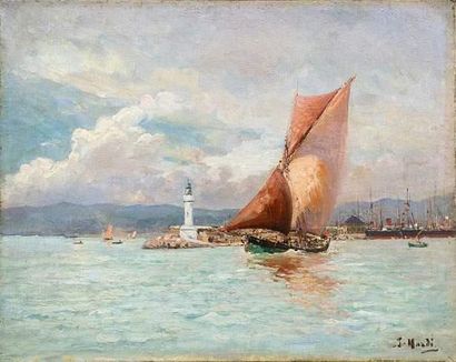 null François NARDI (1861-1936).
Voilier sortant du port.
Huile sur toile.
Signée...