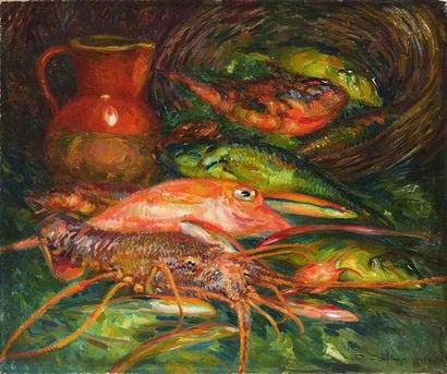 null David DELLEPIANE (1866-1932).
Corbeille de poissons.
Huile sur toile.
Signée...