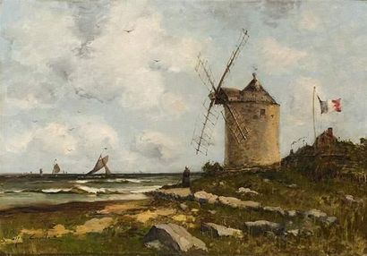 null Alfred CASILE (1848-1909).
Moulin en bord de côte par grand vent.
Huile sur...