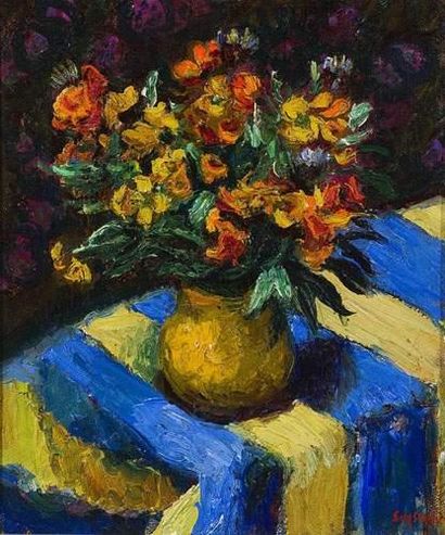 null René SEYSSAUD (1867-1952).
Bouquet de fleurs des champs sur une nappe.
Huile...