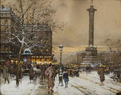 null Eugène GALIEN-LALOUE (1854-1941).
La place de la Bastille un soir d'hiver.
Gouache.
Signée...