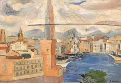 null André LHOTE (1885-1962).
L'entrée du port de Marseille et le pont Transbordeur....