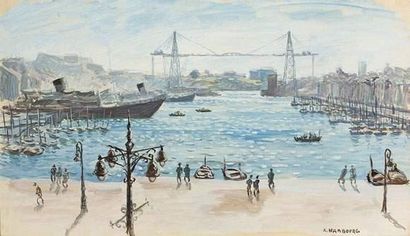 null André HAMBOURG (1909-1999).
Le port de Marseille et le pont Transbordeur. Circa...