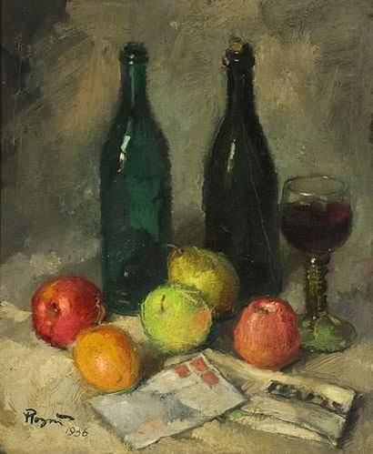 null Vladimir ROZMAINSKY (1885-1943).
Nature morte aux fruits et aux bouteilles de...