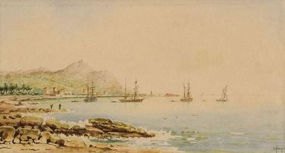 null Emile HENRY (1842-1920) 248
Navires en bord de côte. 
Aquarelle. 
Signée en...
