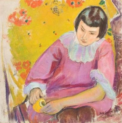 null JANE SIMONE BUSSY (1906 - 1960)
Jeune fille pensive.
Huile sur toile.
Signée...