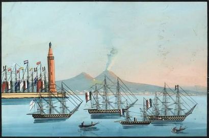 null Gouache napolitaine: "Navires au mouillage" devant le port de Naples et le Vésuve.
Circa...