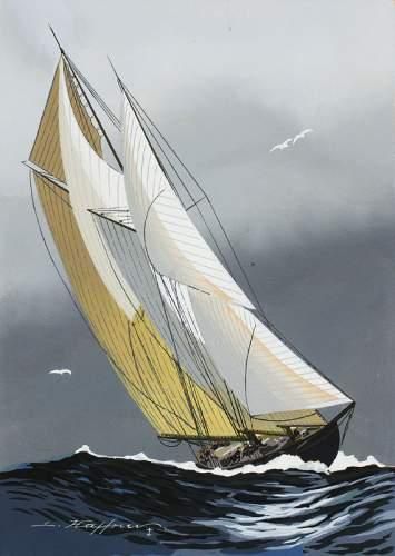  Léon HAFFNER (1881-1972) Voilier sur une mer agitée. Gouache. Signée en bas à gauche....