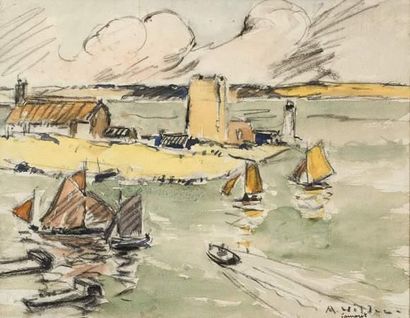 null André WILDER (1871-1965)
Paysage à Camaret.
Aquarelle et fusain.
Signée en bas...