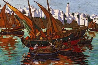 null Léon CAUVY (1874-1933)
Port Marocain.
Huile sur carton marouflé sur panneau.
Signée...