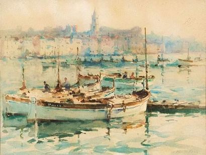 null Gilbert GALLAND (1870-1956)
Barques dans le port de Marseille.
Aquarelle.
Signée...