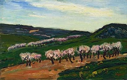 null René SEYSSAUD (1867-1952)
Paysage aux amandiers en fleur.
Huile sur toile.
Signée...