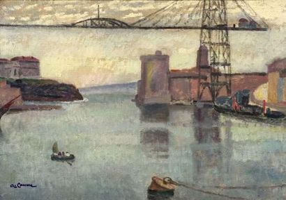 null Augustin CARRERA (1878-1952)
L'entrée du port de Marseille avec le pont transbordeur.
Huile...