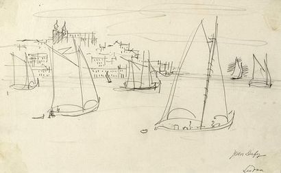 null Jean DUFY (1888-1964)
Le port de Lisbonne.
Crayon.
24 x 39 cm.