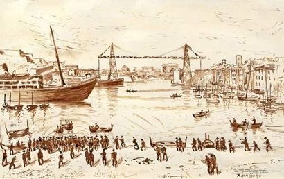null André HAMBOURG (1909-1999)
Le vieux port à Marseille avec le pont Transbordeur.
Sanguine.
Signée...