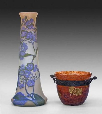 null GALLE. Important vase en verre multicouches gravé à l'acide à décor floral.
Signé....