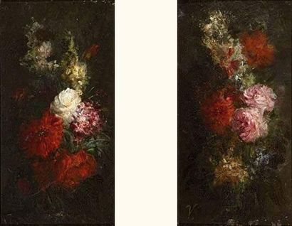 null Antoine VOLLON (1833-1900).
Jeté de fleurs.
Paire d'huiles sur panneaux signés.
34...