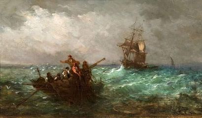 null Joseph SUCHET (1824-1896).
Pêcheurs ramenant leurs filets en haute mer.
Huile...