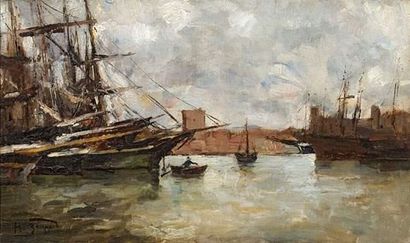 null Maurice BOMPARD (1857-1936).
Voiliers dans le port de Marseille.
Huile sur toile.
Signée...