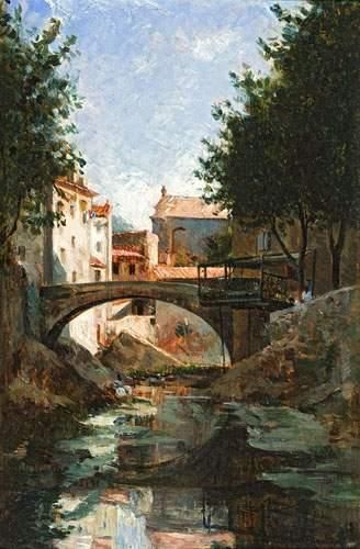 null Alphonse MOUTTE (1840-1913).
Lavandière dans un village en Provence.
Huile sur...