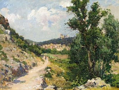 null Jules CLAVERIE (1852-1932).
Village en Provence.
Huile sur toile.
Signée en...