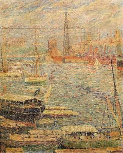 null Henry AURRENS (1865-1934).
L'entrée du Vieux Port à Marseille avec le pont transbordeur.
Huile...