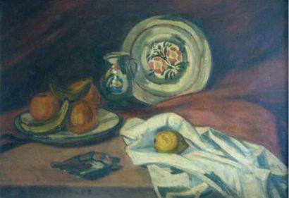 null André LOTHE (1885-1962).
Nature morte aux oranges, bananes et faïence.
Huile...