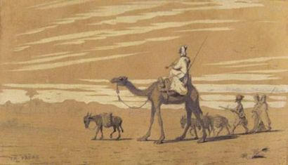 null Théodore FRERE (1814-1888).
Caravane dans le désert.
Crayon et rehaut de gouache.
Signé...