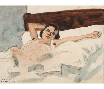 null Auguste CHABAUD (1881-1955)
Jeune femme couchée. Période Fauve.
Crayon et lavis...