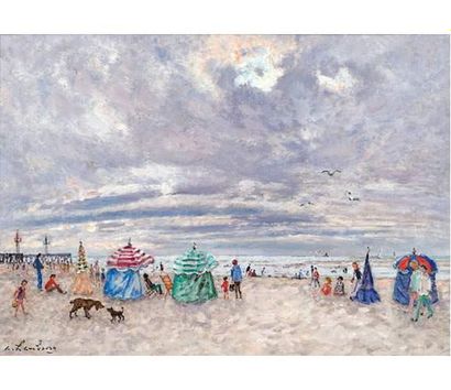  André HAMBOURG (1909-1999) Ciel couvert sur la plage, Trouville. Huile sur toile...