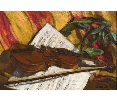  Jean SOUVERBIE (1891-1981) Nature morte au violon, 1927. Huile sur toile signée...