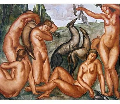  Rolland Marie GERARDIN. (1907-1935) Le retour de la chasse. Huile sur toile signée...